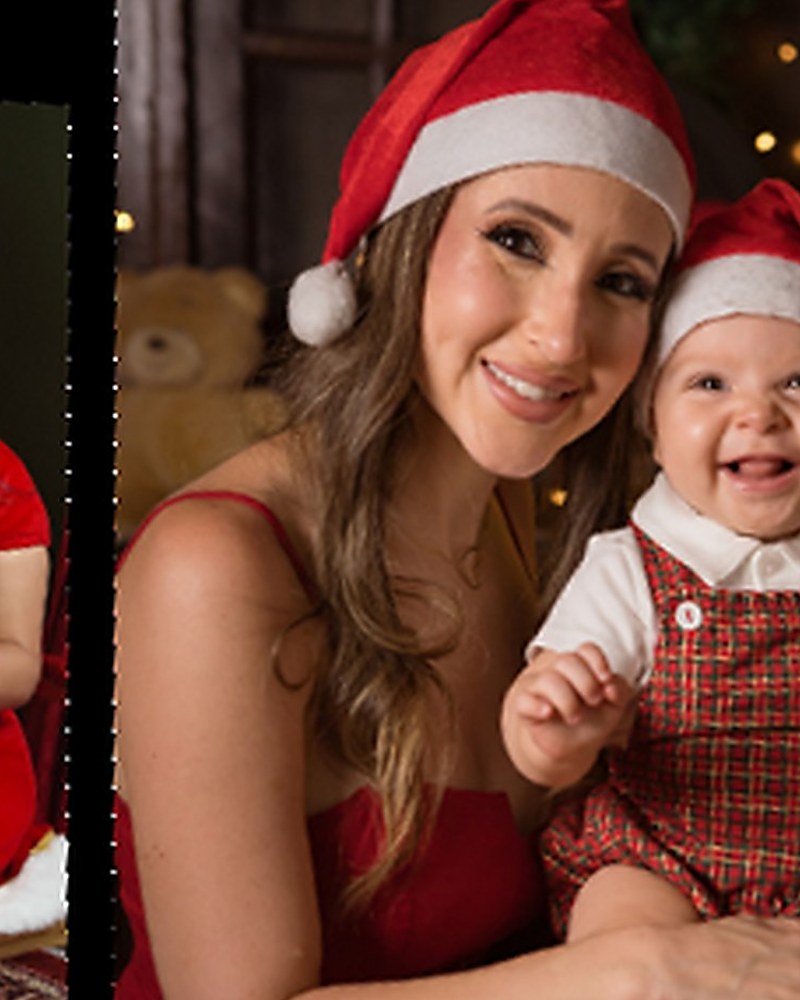 Mãe e bebê em ensaio de Natal com Papai Noel